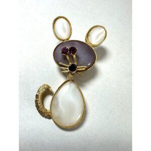 Vintage Brooch Mouse Glass Belly Figural Purple White Estate  J1